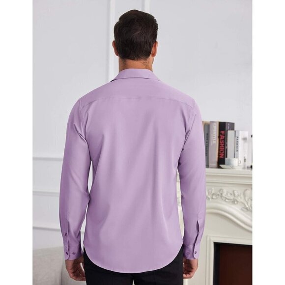 Men Purpel Shirts Wrinkle Free Long Sleeve Button Down Shirt Formal Dress Shirt - Picture 4 of 6